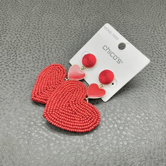 Chico's Red Heart Beaded Dangle Drop Earrings Nickel Free Love Fashion Costume - Picture 6 of 9